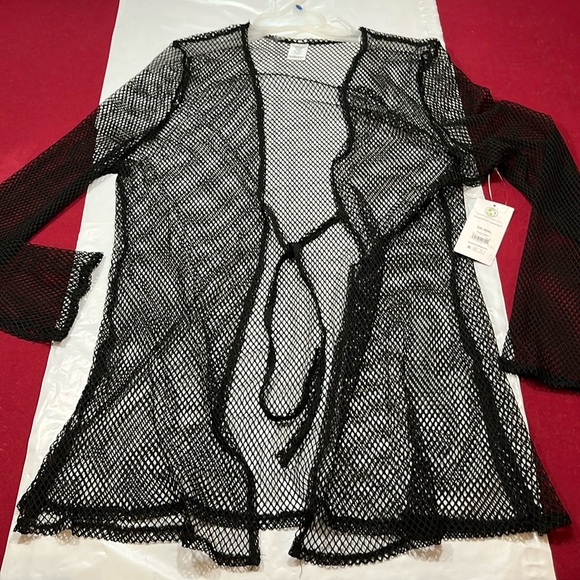 NEW 2x 3x Sheer black mesh long cardigan Cover up fish net tie waist long sleeve - Picture 3 of 13